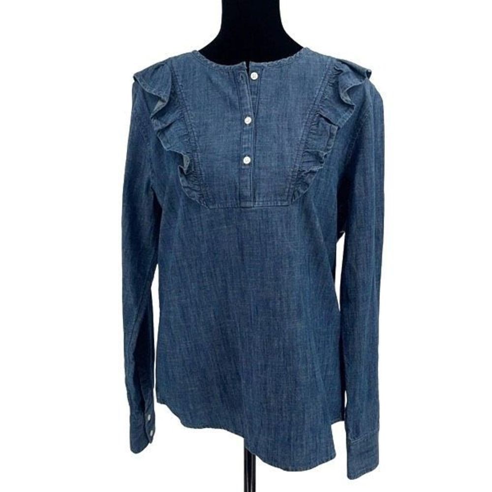 1901 Womens Chambray Ruffled Long Sleeve Blouse Blue Size Small